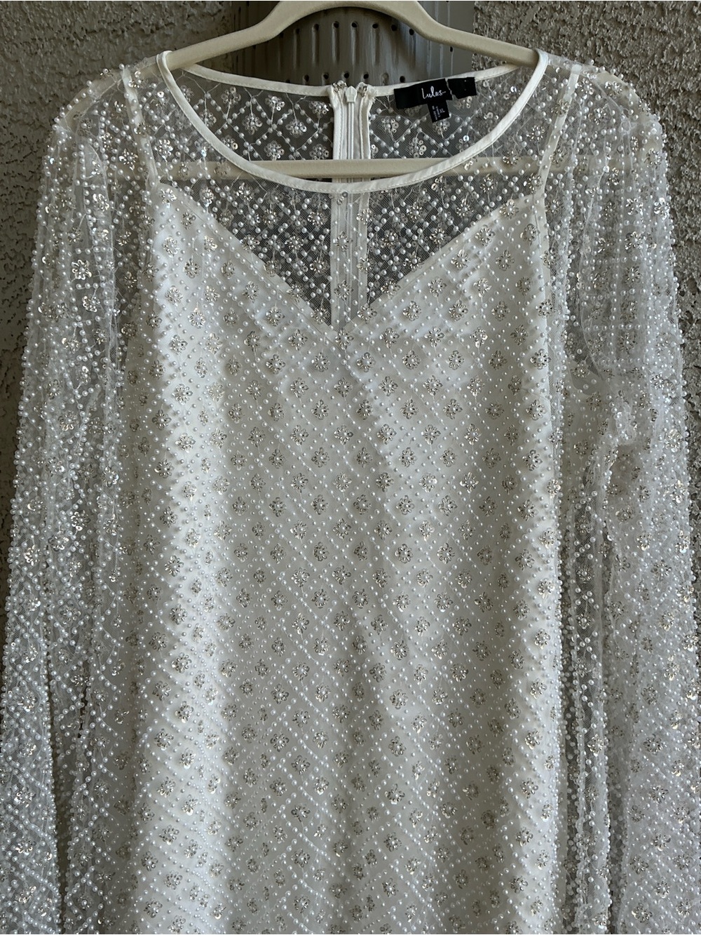 NWOT Lulu’s Glowing Charisma White Sequin Pearl Mesh Long Sleeve Mini Dress Chic - Picture 7 of 13